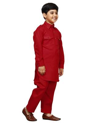 Red Cotton Jacquard Pathani Kurta Pajama Set Traditional Wear 3
