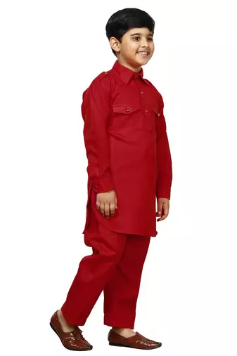Red Cotton Jacquard Pathani Kurta Pajama Set Traditional Wear