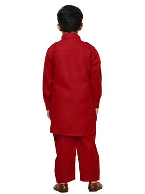 Red Cotton Jacquard Pathani Kurta Pajama Set Traditional Wear 4