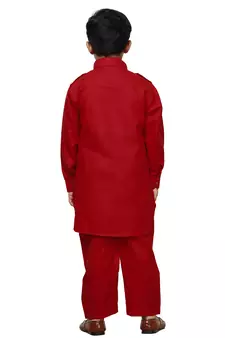 Red Cotton Jacquard Pathani Kurta Pajama Set Traditional Wear