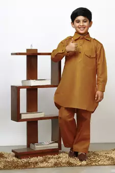Mustard Cotton Jacquard Pathani Kurta Pajama Set Traditional Wear