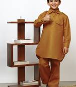 Mustard Cotton Jacquard Pathani Kurta Pajama Set Traditional Wear