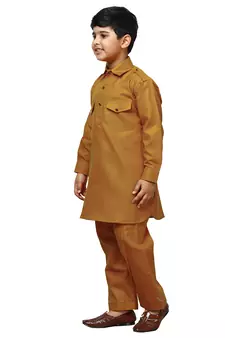 Mustard Cotton Jacquard Pathani Kurta Pajama Set Traditional Wear