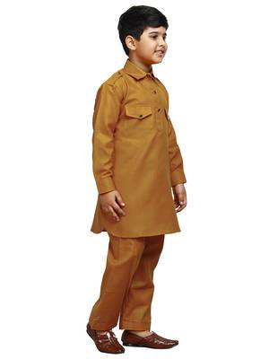 Mustard Cotton Jacquard Pathani Kurta Pajama Set Traditional Wear 3