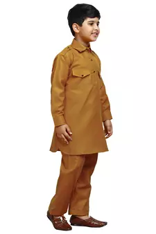 Mustard Cotton Jacquard Pathani Kurta Pajama Set Traditional Wear