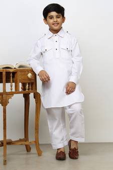 White Cotton Jacquard Pathani Kurta Pajama Set Traditional Wear