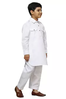 White Cotton Jacquard Pathani Kurta Pajama Set Traditional Wear