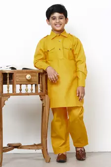 Yellow Cotton Jacquard Pathani Kurta Pajama Set Traditional Wear