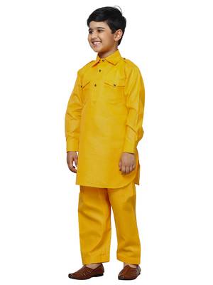 Yellow Cotton Jacquard Pathani Kurta Pajama Set Traditional Wear 2