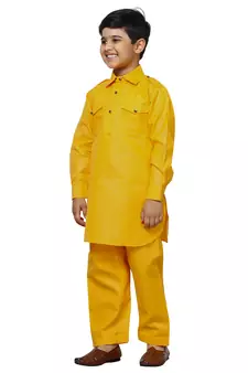 Yellow Cotton Jacquard Pathani Kurta Pajama Set Traditional Wear