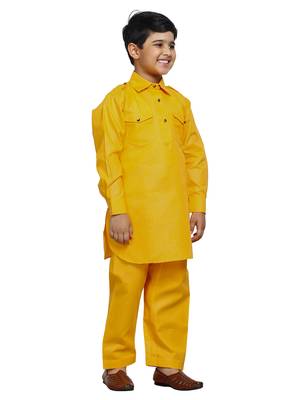 Yellow Cotton Jacquard Pathani Kurta Pajama Set Traditional Wear 3