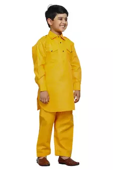 Yellow Cotton Jacquard Pathani Kurta Pajama Set Traditional Wear