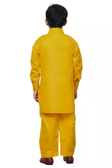 Yellow Cotton Jacquard Pathani Kurta Pajama Set Traditional Wear