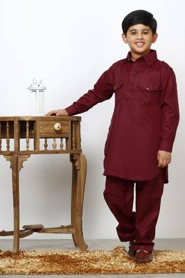 Maroon Cotton Jacquard Pathani Kurta Pajama Set Traditional Wear 1