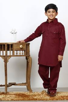 Maroon Cotton Jacquard Pathani Kurta Pajama Set Traditional Wear