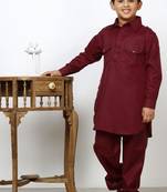 Maroon Cotton Jacquard Pathani Kurta Pajama Set Traditional Wear