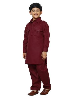 Maroon Cotton Jacquard Pathani Kurta Pajama Set Traditional Wear 2
