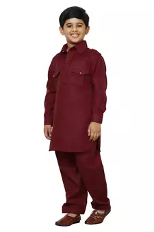 Maroon Cotton Jacquard Pathani Kurta Pajama Set Traditional Wear