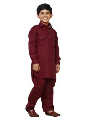 Maroon Cotton Jacquard Pathani Kurta Pajama Set Traditional Wear 3