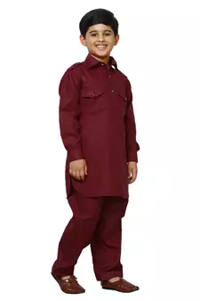 Maroon Cotton Jacquard Pathani Kurta Pajama Set Traditional Wear