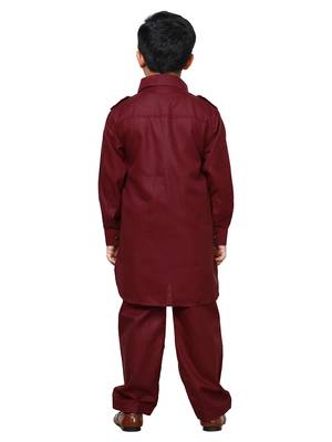 Maroon Cotton Jacquard Pathani Kurta Pajama Set Traditional Wear 4