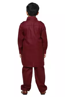 Maroon Cotton Jacquard Pathani Kurta Pajama Set Traditional Wear