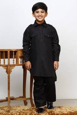 Black Cotton Jacquard Pathani Kurta Pajama Set Traditional Wear 1
