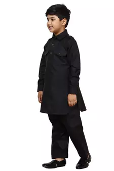 Black Cotton Jacquard Pathani Kurta Pajama Set Traditional Wear