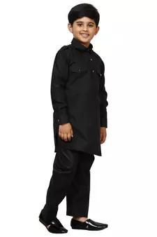 Black Cotton Jacquard Pathani Kurta Pajama Set Traditional Wear