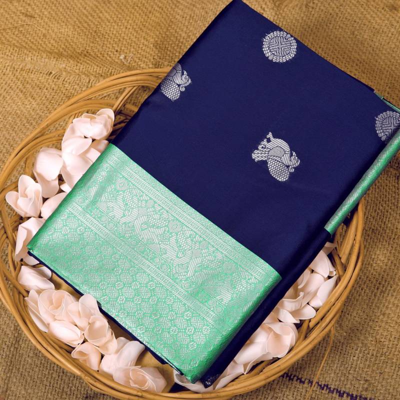 Navy Blue Kanjivaram Silk Saree With Zari Weaving
