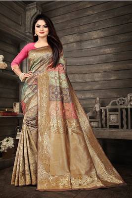 Chiku Kanjivaram Silk Saree With Zari Weaving 1