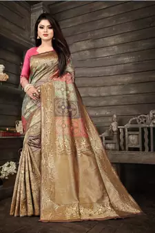 Chiku Kanjivaram Silk Saree With Zari Weaving