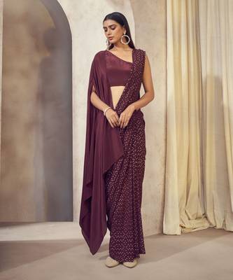 Wine Sitaara Saree With Asymmetrical Cape Blouse 1