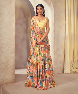 Orange Gul Lehenga Saree With Cowl Neck Top 1