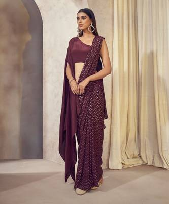 Wine Sitaara Saree With Asymmetrical Cape Blouse 2