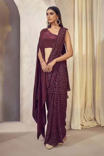 Wine Sitaara Saree With Asymmetrical Cape Blouse