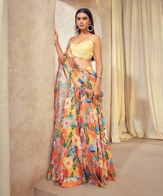 Orange Gul Lehenga Saree With Cowl Neck Top 2