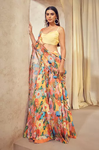 Orange Gul Lehenga Saree With Cowl Neck Top