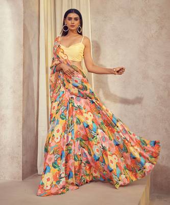Orange Gul Lehenga Saree With Cowl Neck Top 3