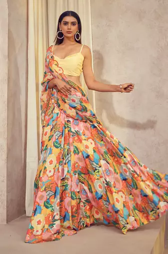 Orange Gul Lehenga Saree With Cowl Neck Top
