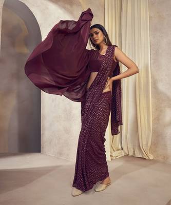Wine Sitaara Saree With Asymmetrical Cape Blouse 3