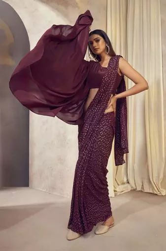 Wine Sitaara Saree With Asymmetrical Cape Blouse