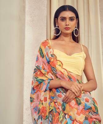Orange Gul Lehenga Saree With Cowl Neck Top 4