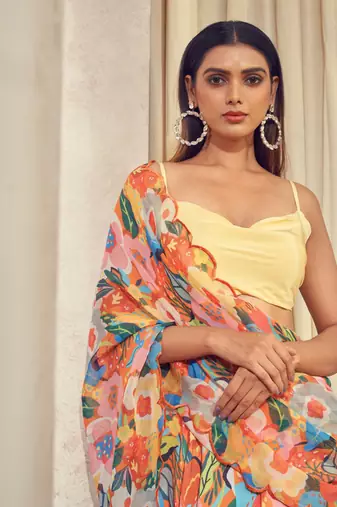 Orange Gul Lehenga Saree With Cowl Neck Top