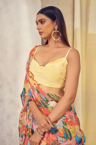 Orange Gul Lehenga Saree With Cowl Neck Top