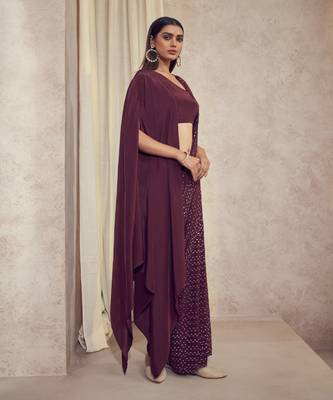 Wine Sitaara Saree With Asymmetrical Cape Blouse 5