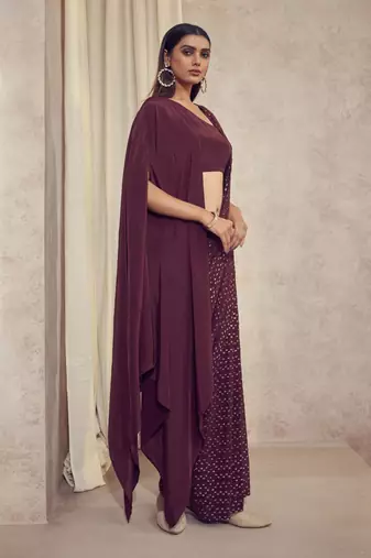 Wine Sitaara Saree With Asymmetrical Cape Blouse