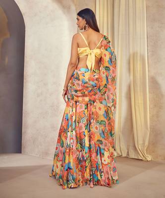 Orange Gul Lehenga Saree With Cowl Neck Top 6