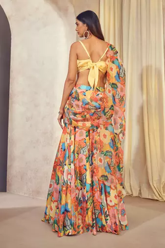 Orange Gul Lehenga Saree With Cowl Neck Top