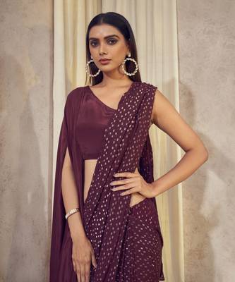 Wine Sitaara Saree With Asymmetrical Cape Blouse 6